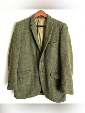Vintage 60s Harris Tweed Mens Wool Sport Coat Blazer Size 38 Olive Green